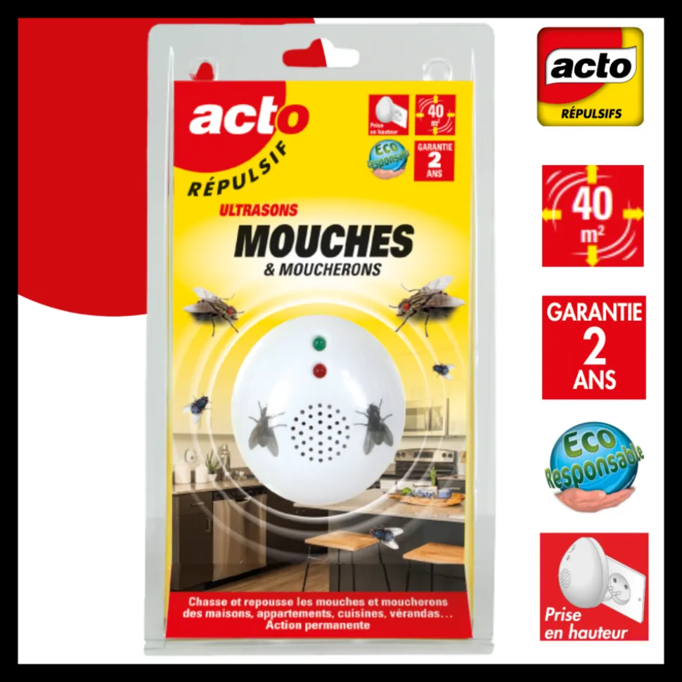 ACTO - Répulsif ultrasons mouches - moucherons - fixe 40m²
