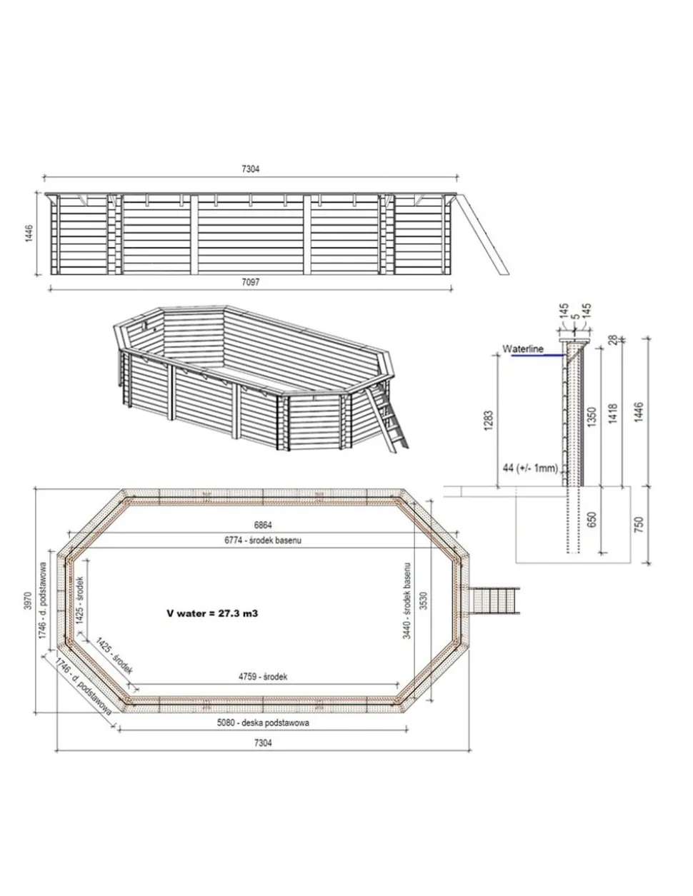 ALTANKA - Piscine en bois nemo 7,3x3,97 - h.1,45 m cadre en métal, sans dalle béton - bas7305ospu+sza - altanka