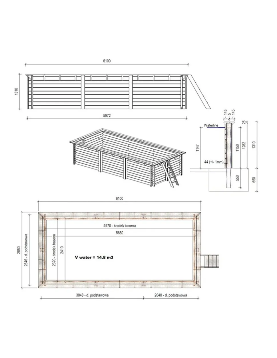 ALTANKA - Piscine en bois aqua 6,1x2,85 - h.1,31 m fixations à sceller - bas7307ospi+sza - altanka