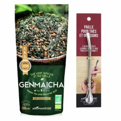 AROMANDISE - Thé vert bio et riz complet genmaicha 100 g + paille inox avec filtre