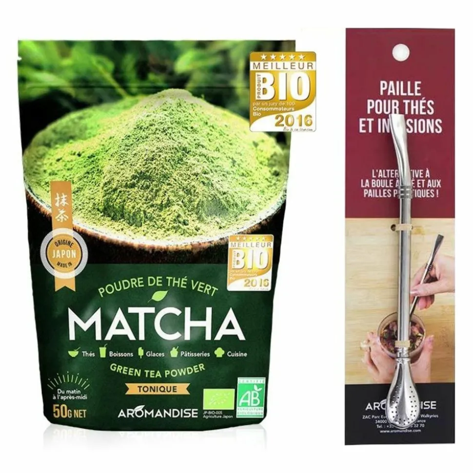 AROMANDISE - Thé vert bio matcha en poudre 50 g + paille inox avec filtre