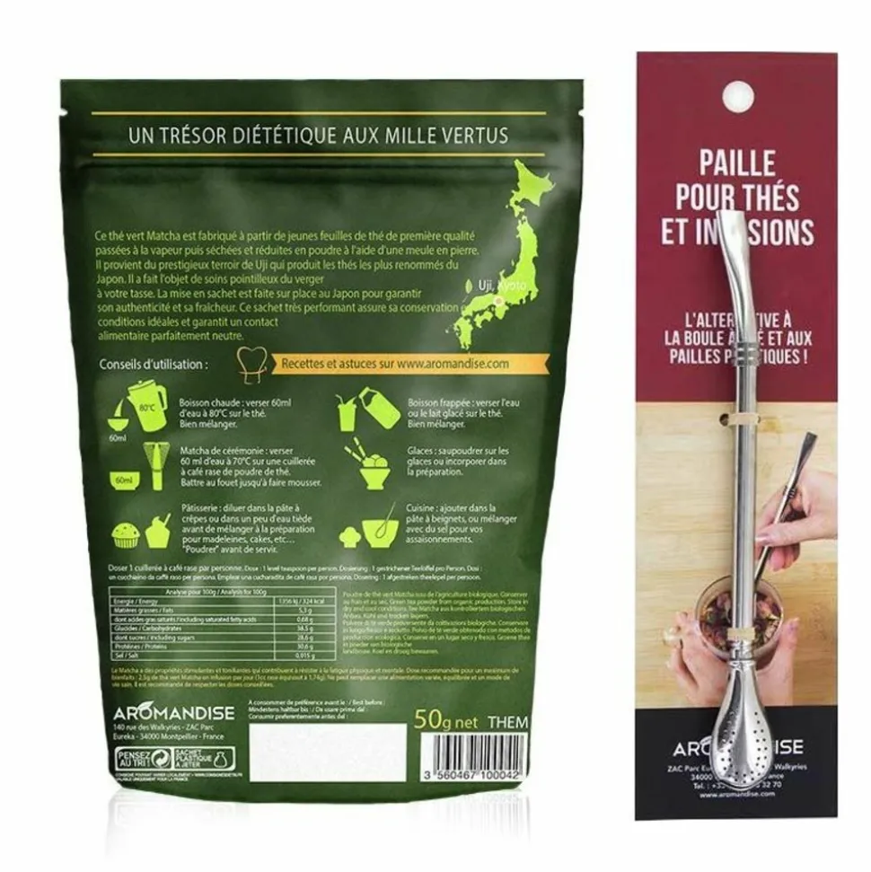 AROMANDISE - Thé vert bio matcha en poudre 50 g + paille inox avec filtre