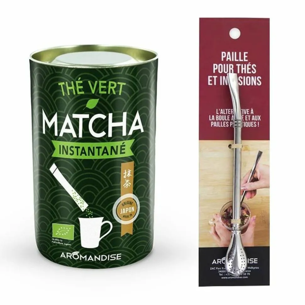 AROMANDISE - Thé vert matcha instantané en sticks + paille inox avec filtre