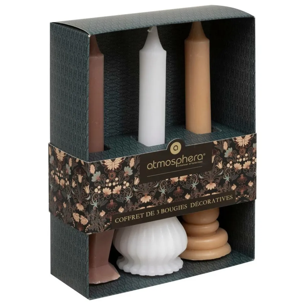 ATMOSPHERA CREATEUR D'INTERIEUR - Coffret 3 bougies little cottage blanc et rose h19cm