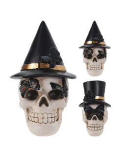 BASICS - Crâne avec chapeau d'halloween, 2 modèles, 10x11x14cm. Basics