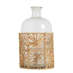 BLANC D'IVOIRE - Vase bouteille soliflore verre raphia fleurs 13x26cm