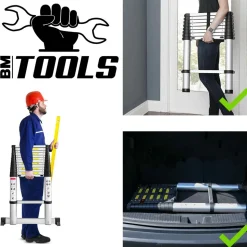 BM TOOLS - Échelle télescopique bm tools 3,8m en alu avec stabilisateur - charge 150kg pliable extensible unique droite multi-fonction