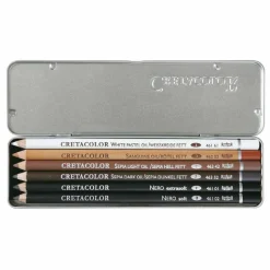 BREVILLIER'S CRETACOLOR - Set 6 crayons gras pour esquisses - blanc, sanguine, sépia clair, sépia foncé, noir extra-tendre, tendre