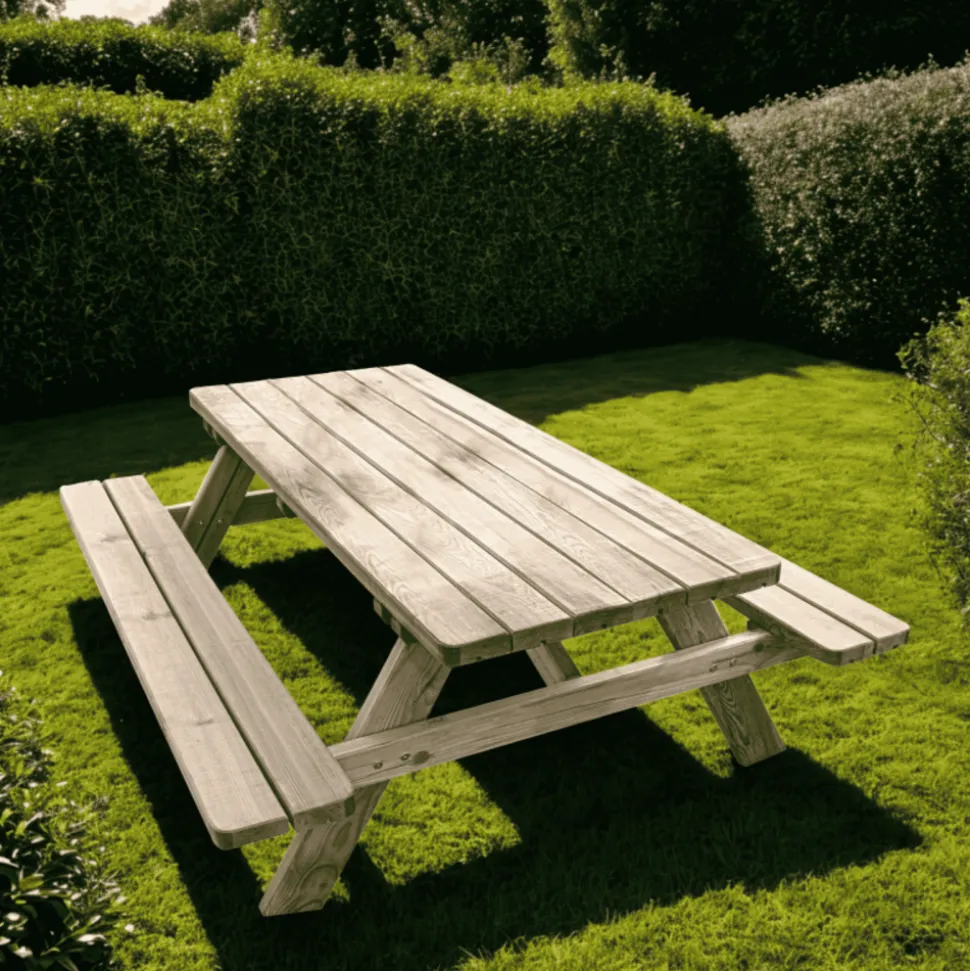 CERLAND - Table de pique-nique en bois avec bancs intégrés 6 personnes - 1,77 m
