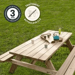 CERLAND - Table de pique-nique en bois avec bancs intégrés 6 personnes - 1,77 m
