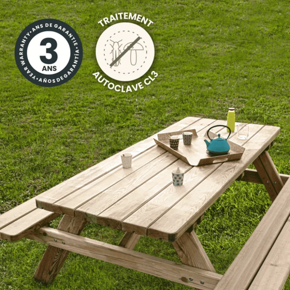 CERLAND - Table de pique-nique en bois avec bancs intégrés 6 personnes - 1,77 m
