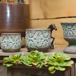 CHEMIN DE CAMPAGNE - Cache-pot rond en ciment vieilli vert/rose ø.14 x ht.13 cm