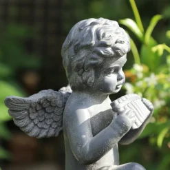 CHEMIN DE CAMPAGNE - Statuette statue sculpture jardin ange flûte béton gris 24.5cm