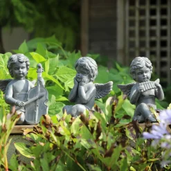 CHEMIN DE CAMPAGNE - Statuette statue sculpture jardin ange flûte béton gris 24.5cm