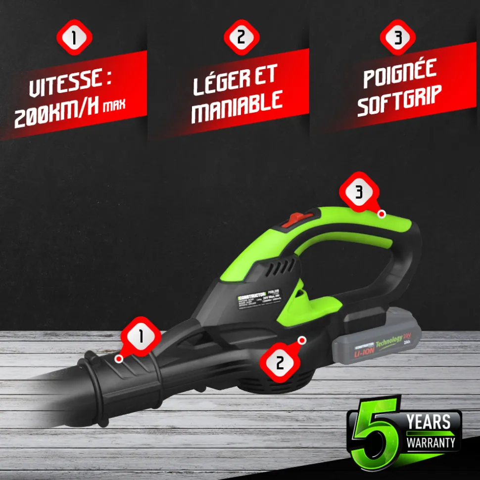 CONSTRUCTOR - Souffleur sur batterie 20 v max, 200 km/h, 12500 t/min (sans batterie)