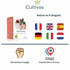 CULTIVEA - Kit Prêt à Pousser Cactus - Pitaya “Fruit du Dragon “, Ferocactus, Pilosocereus et Cactus mix - Idée Cadeau