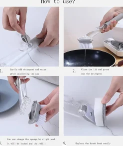 DOWNYPAWS - Brosse de nettoyage de cuisine 2 en 1 à long manche : avec distributeur d'éponge et brosse à vaisselle