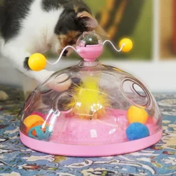 DOWNYPAWS - Canne à pêche pour chat-jouet plateau tournant pour chat et balle-jouet interactif avec boules d'herbe à chat, rose