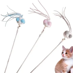DOWNYPAWS - Canne à pêche pour chat-trois teasers de chats colorés-avec des boules de poils