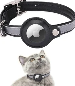 DOWNYPAWS - Collier traqueur gps pour chats et chiens - en cuir synthétique noir s