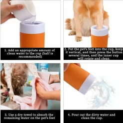 DOWNYPAWS - Gobelet de lavage des pieds pour animaux de compagnie portable orange avec brosse douce