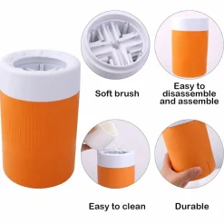 DOWNYPAWS - Gobelet de lavage des pieds pour animaux de compagnie portable orange avec brosse douce