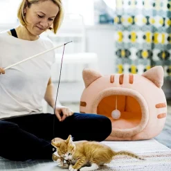 DOWNYPAWS - Lit pour chat-panier pour chat -forme de tête de chat-gris 40*40*32cm