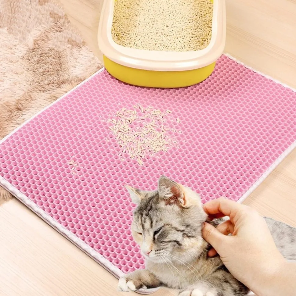 DOWNYPAWS - Tapis de litière anti-déversement pour chat rose 40*50cm