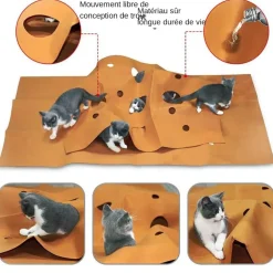 DOWNYPAWS - Tunnel pliable pour chat tapis d'entraînement--carré brun rougeâtre-120*90cm
