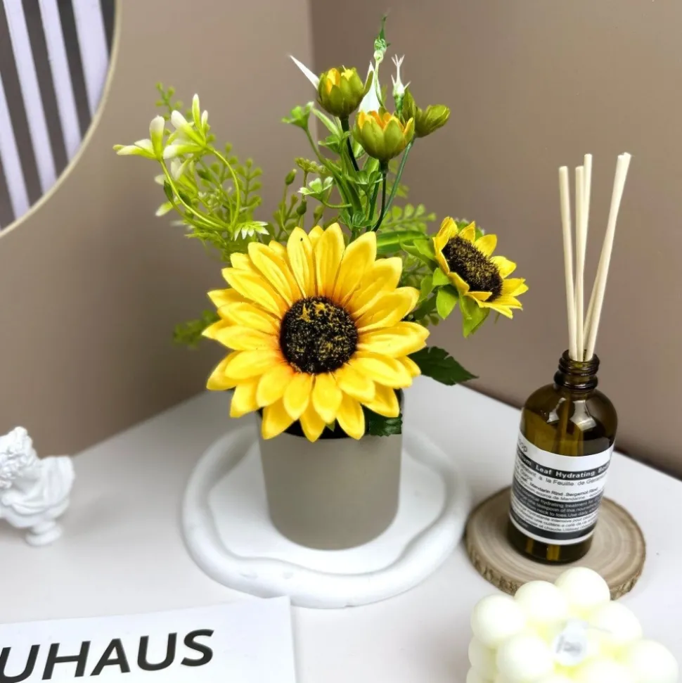 DTOPBUYAGE - Fleurs artificielles de tournesol de haute qualité avec pot gris - dtopbuyage