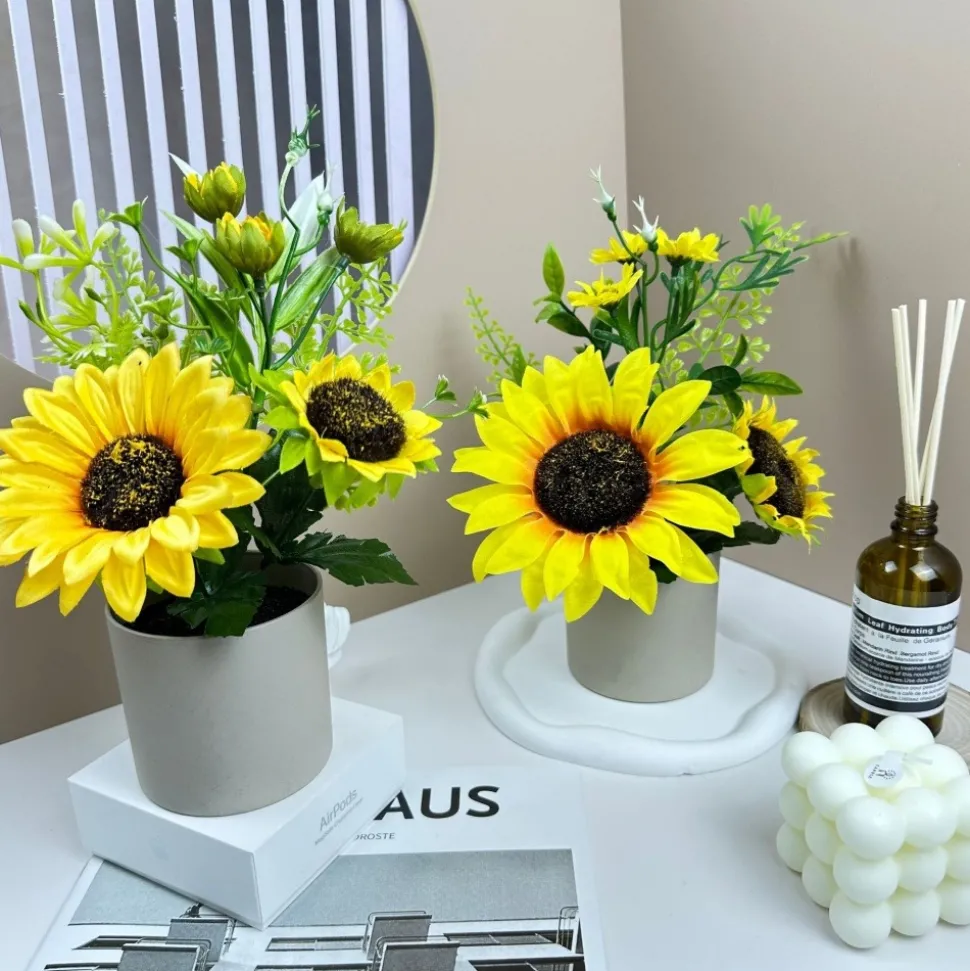 DTOPBUYAGE - Fleurs artificielles de tournesol de haute qualité avec pot gris - dtopbuyage