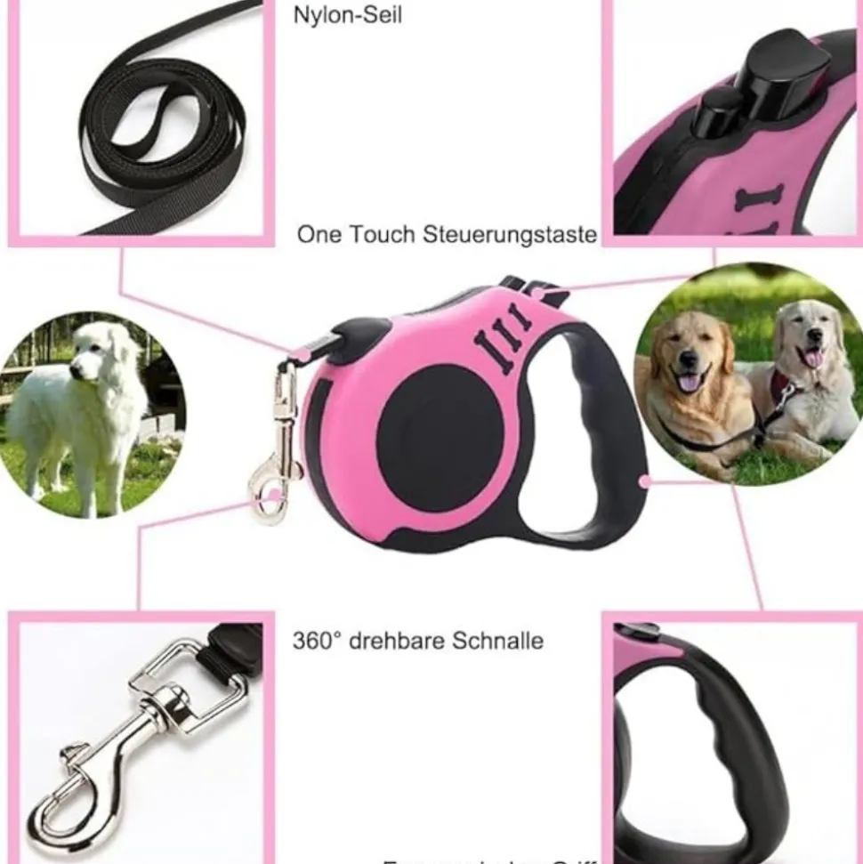 DTOPBUYAGE - Laisse rétractable 5m rose pour chien