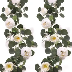DTOPBUYAGE - Vigne de fleurs artificielles de pivoine et de feuilles d'eucalyptus pour mariage blanc 2 pièces dtopbuyage