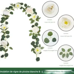 DTOPBUYAGE - Vigne de fleurs artificielles de pivoine et de feuilles d'eucalyptus pour mariage blanc 2pcs dtopbuyage