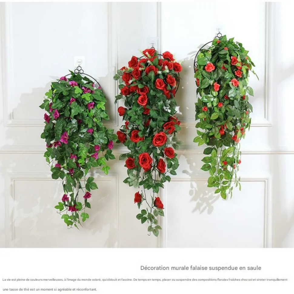 DTOPBUYAGE - Vinée de roses artificielles avec panier de bambou pour décoration rouge rosé dtopbuyage