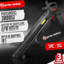 ELEM GARDEN TECHNIC - Aspirateur souffleur broyeur de feuilles 3000w - 270 km/h - 10:1 - sac 35l - ele
