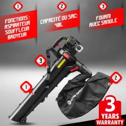 ELEM GARDEN TECHNIC - Aspirateur souffleur broyeur thermique 30cc, 200 km/h, 40 litres