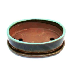 EXOTENHERZ - Bol à bonsaï avec soucoupe gr. 3 - glaçure spéciale avec effet dégradé élégant - ovale o1 - turquoise-marron - l 20,5cm