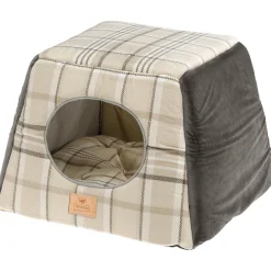 Ferplast, maisonnette pour chats d'intérieur edinburgh, couchage avec coussin, lit pour chats, écossais, velours doux, lavable,
