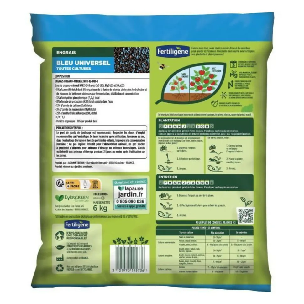 FERTILIGENE - Fertiligene fbleubio6 - engrais bleu universel 6 kg - floraison et récoltes abondantes - nourrit jusqu'a 3 mois - pour 240m²