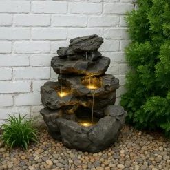 Fontaine de jardin rustic rapids avec éclairage led blanc chaud & brosse à nettoyage