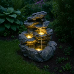 Fontaine de jardin rustic rapids avec éclairage led blanc chaud & brosse à nettoyage