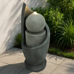 Fontaine de jardin zen cascade avec éclairage led blanc chaud & brosse à nettoyage