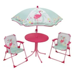 FUN HOUSE - Fun house 713088 flamant rose salon de jardin avec une table, 2 chaises pliables et un parasol pour enfant
