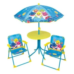 FUN HOUSE - Fun house baby shark salon de jardin - 1 table h.46xø46 cm, 2 chaises h.53xl.38,5xp.37,5 cm et 1 parasol h.125 x ø100 cm