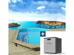 HABITAT ET JARDIN - Piscine bois " miami 145 " - 4.86 x 3.36 x 1.45 m + mini pompe à chaleur 3.5kw - métal - gris