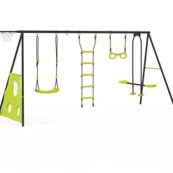 IDMARKET - Balançoire 4 agrès portique avec balançoire face à face trapèze échelle panier de basket et buts de foot