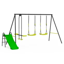 IDMARKET - Balançoire 3 agrès portique avec 2 balançoires, 1 face à face et toboggan