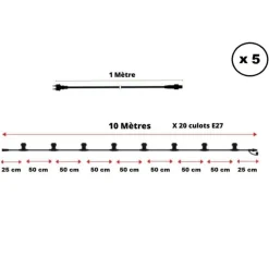 ILLUPRO - Guirlande guinguette extérieur 50m 100 ampoules led blanc chaud e27 1w câble noir extensible