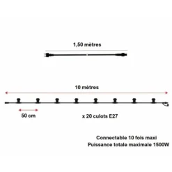 ILLUPRO - Guirlande guinguette dimmable vintage 10m 20 ampoules e27 blanc chaud 1800k 3w verre ambré filament spirale prolongeable